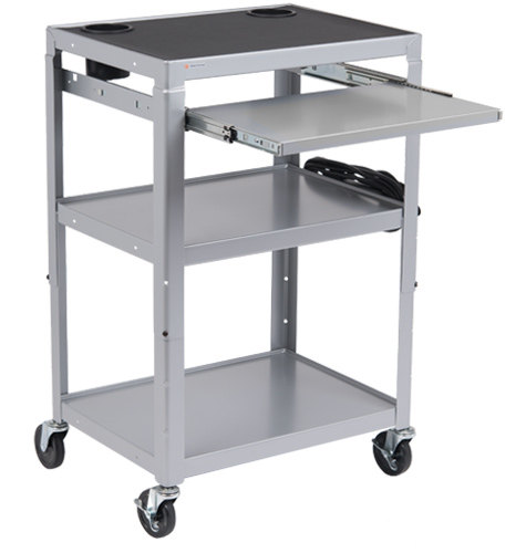 Bretford MIC Cart in platinum color with its shelf completely pulled out