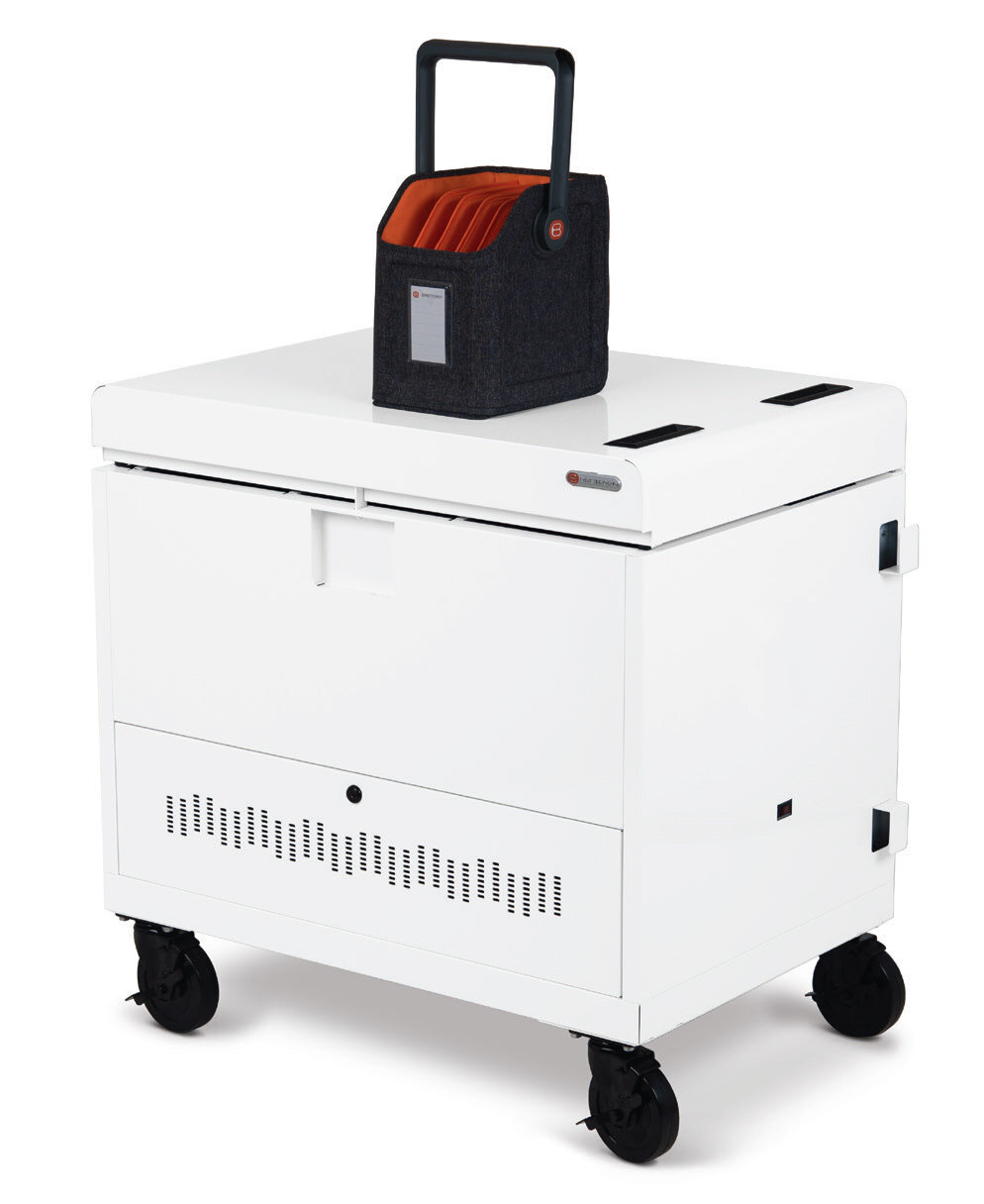 a Bretford CUBE Toploader cart artic white with a caddy on top