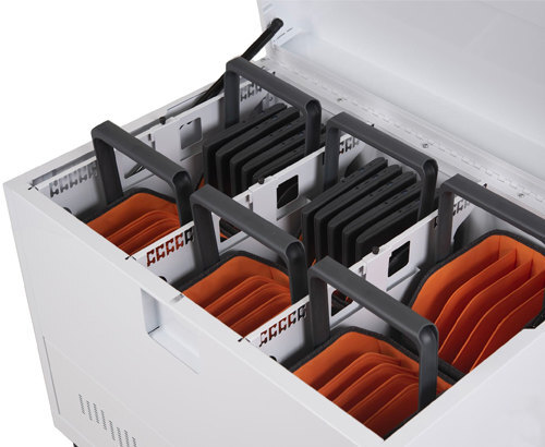 a Bretford CUBE Toploader cart white with six caddies inside