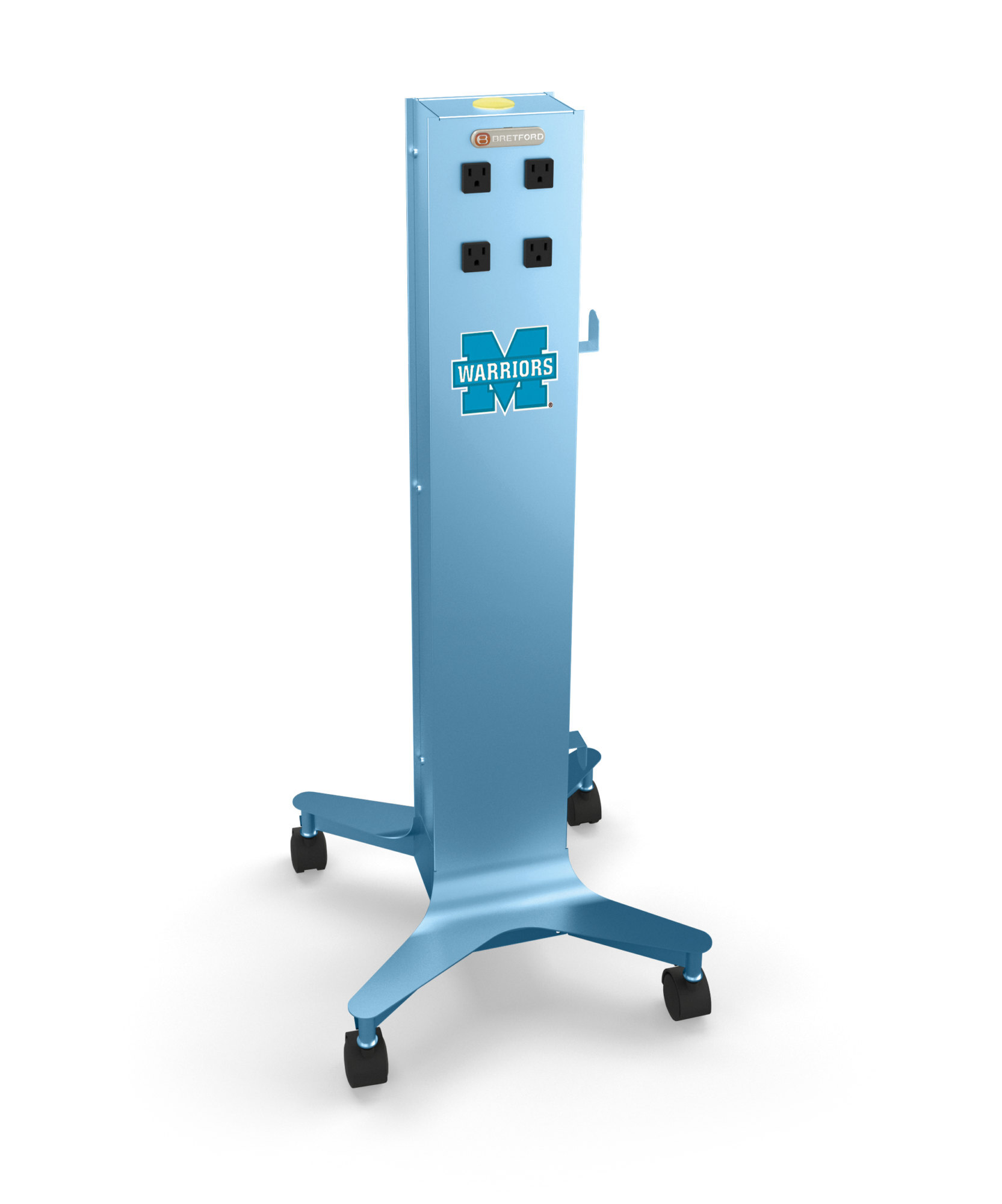 Bretford CUBE Tower in sky color with blue logo, side view