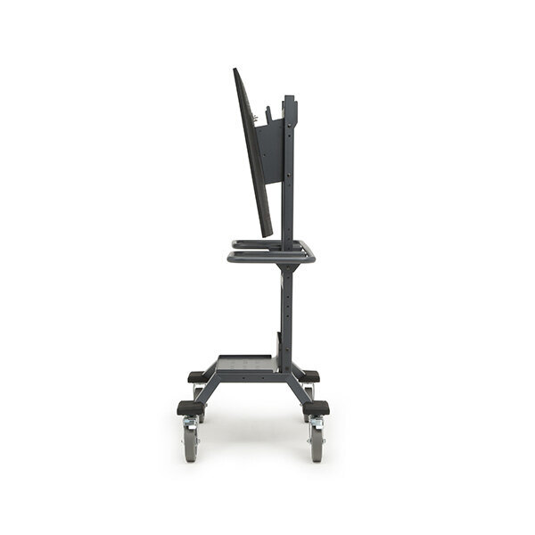 A Bretford Explorer display cart with a TV mounted on it, fully tilted downward