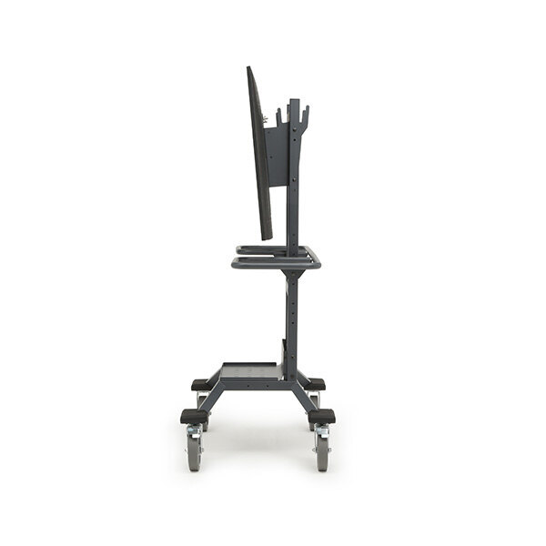 A Bretford Explorer Display Cart with a TV mounted on it, slightly tilted downward