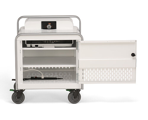 bretford provision projector cart arctic white front open with projector