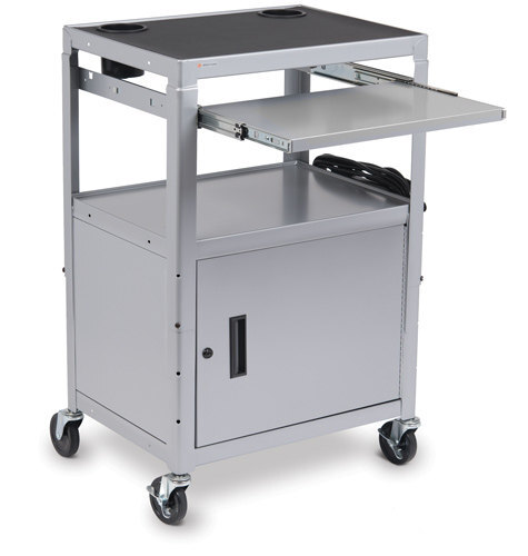 Bretford teacher rolling cart with cabinet in platinum color with its shelf completely pulled out