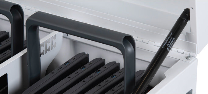 close view of the gas struts of a Bretford CUBE Toploader Cart with Caddies