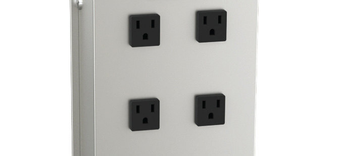 Close-up view of 4 AC outlets of a Bretford CUBE Tower