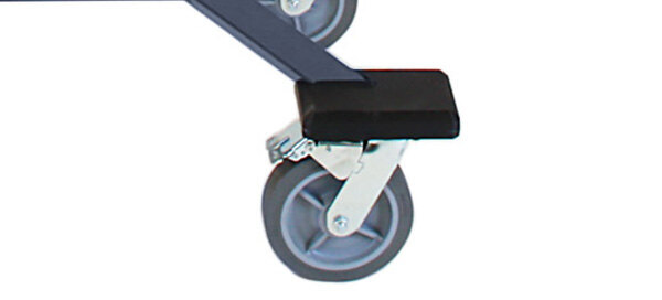 close-up view of an 8-inch soft tread locking wheel of a Bretford Explorer Display Cart