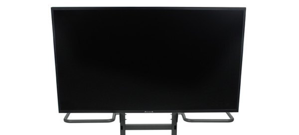 close-up front view of a TV mounted on a Bretford Explorer Display Cart