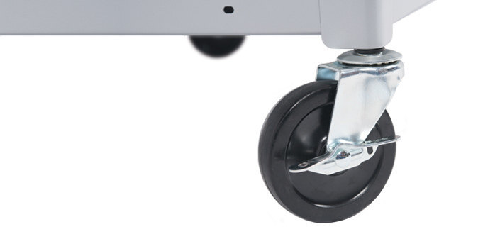 close-up view of a locking caster of a Bretford MIC Cart