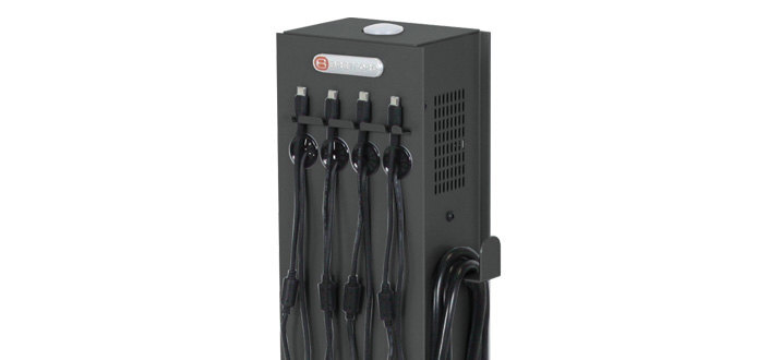 Close-up view of the USB-C power adapters of a Bretford CUBE Tower Pre-Wired in charcoal color