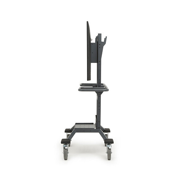 A display and an ergonomic handle mounted on a Bretford Explorer Display Cart, side view