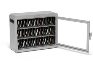Secure cell phone storage for schools shown with door open and numbered slots
