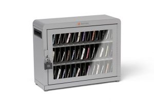 Classroom mobile phone storage station filled with smartphones
