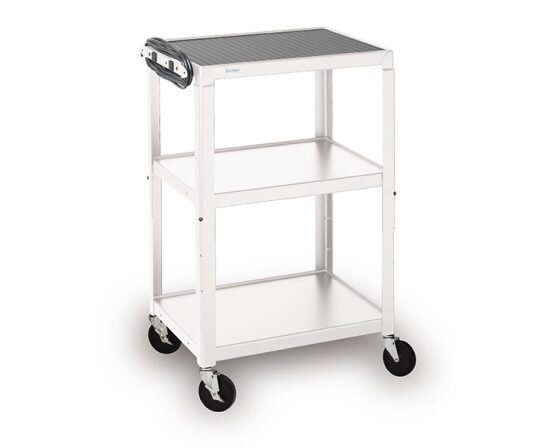Bretford adjustable height cart in arctic white color, side view
