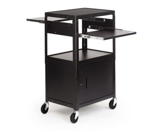 Bretford adjustable height cart with locking cabinet in black pumice color, side view