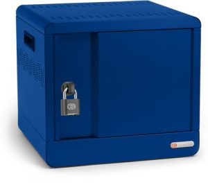 Bretford CUBE Micro Station in royal blue color, side view