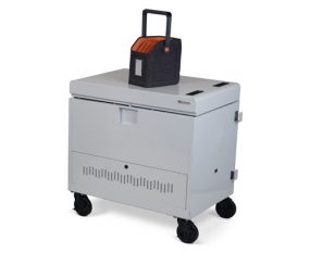 a Bretford CUBE Toploader cart platinum with a caddy on top