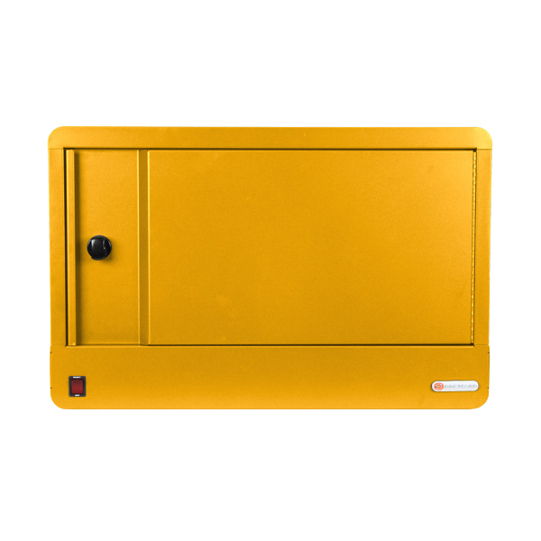 Front view of the Bretford charging station Cube Micro Station 16 Mustard color