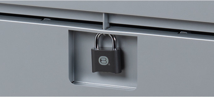 a padlock securing the door of a Bretford CUBE Toploader Cart with Caddies